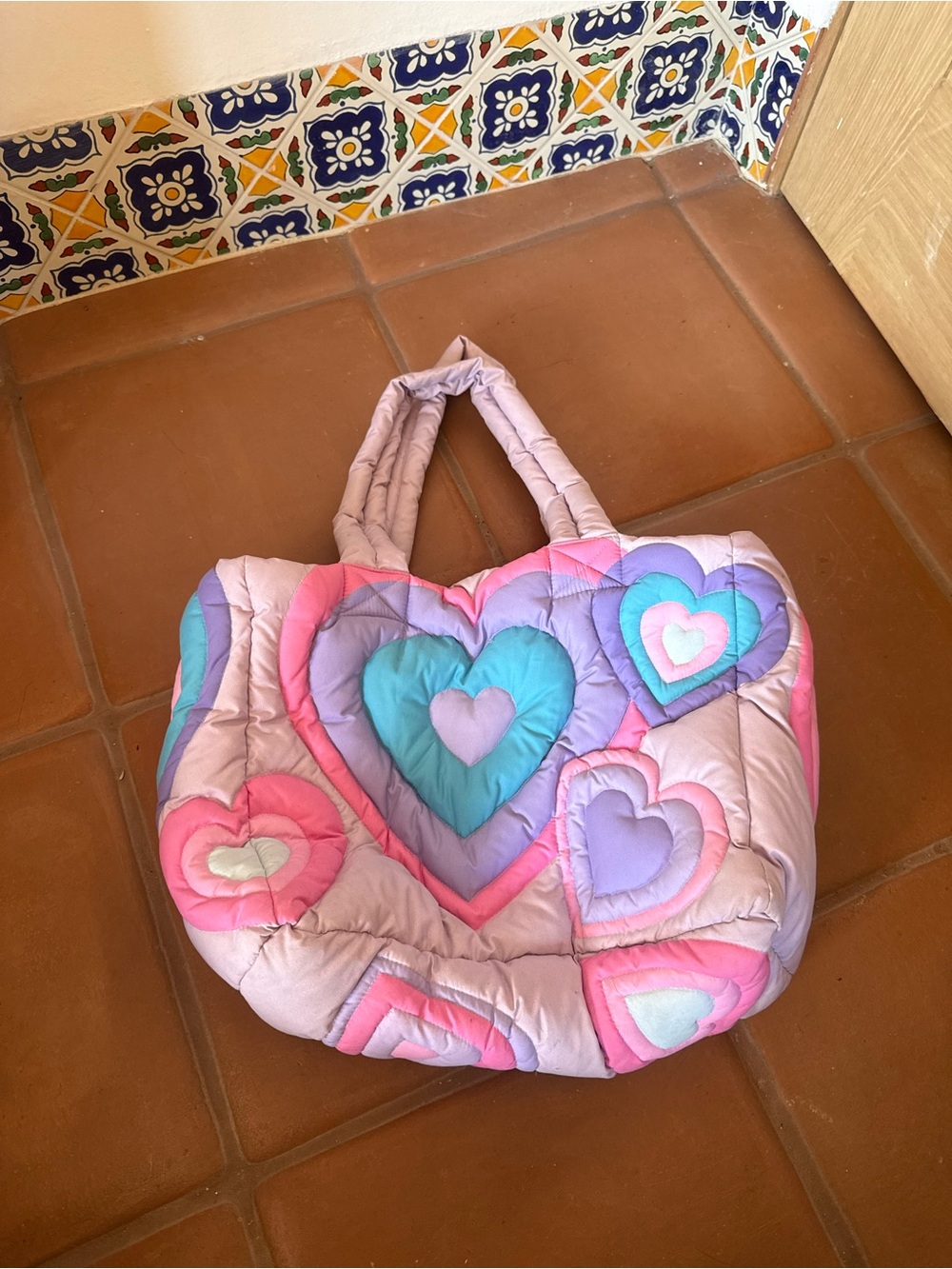 ERL Pastel Quilted Heart Puffer Tote Bag
